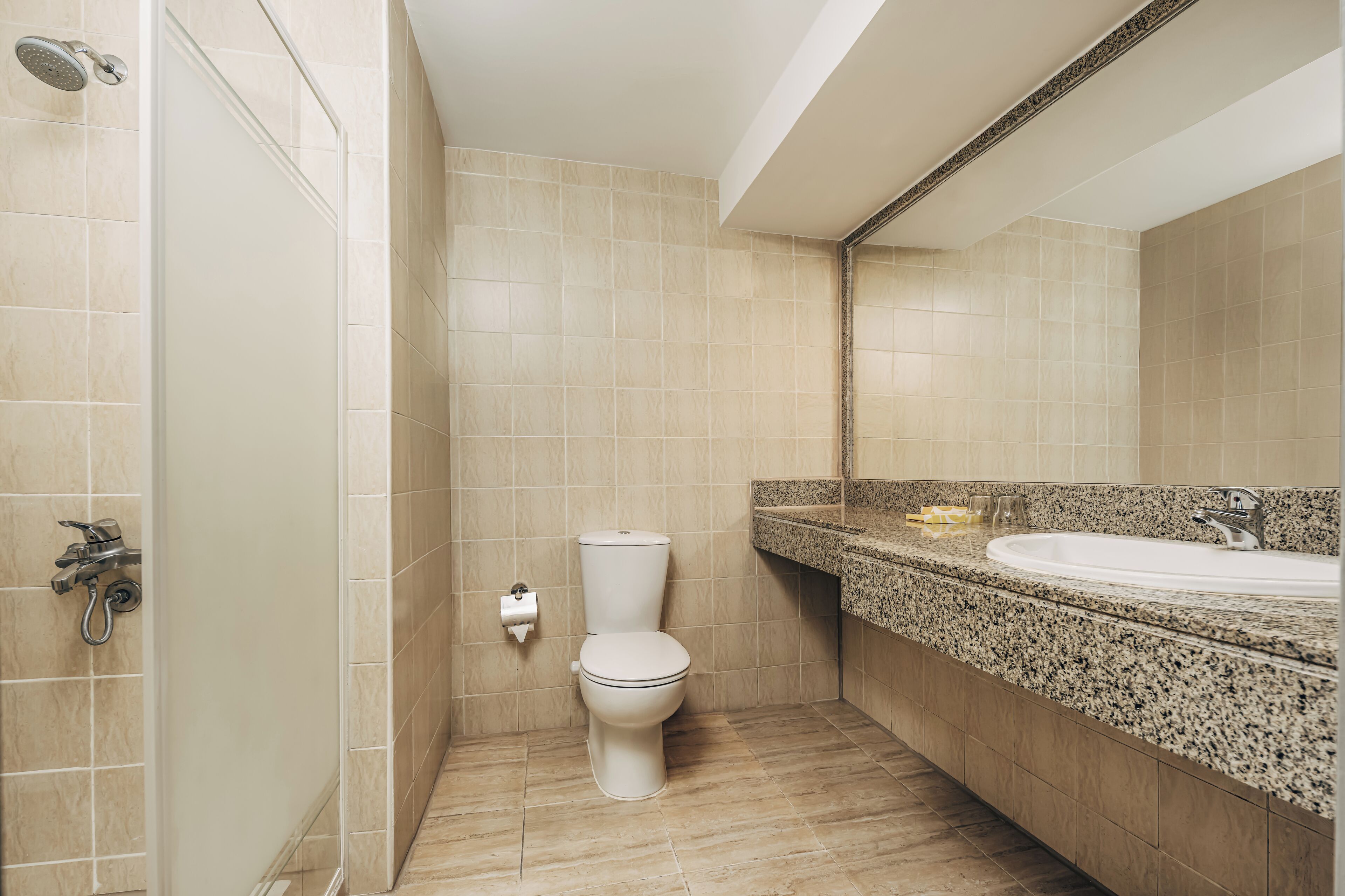 Een badkamer met toilet, wastafel en douche.