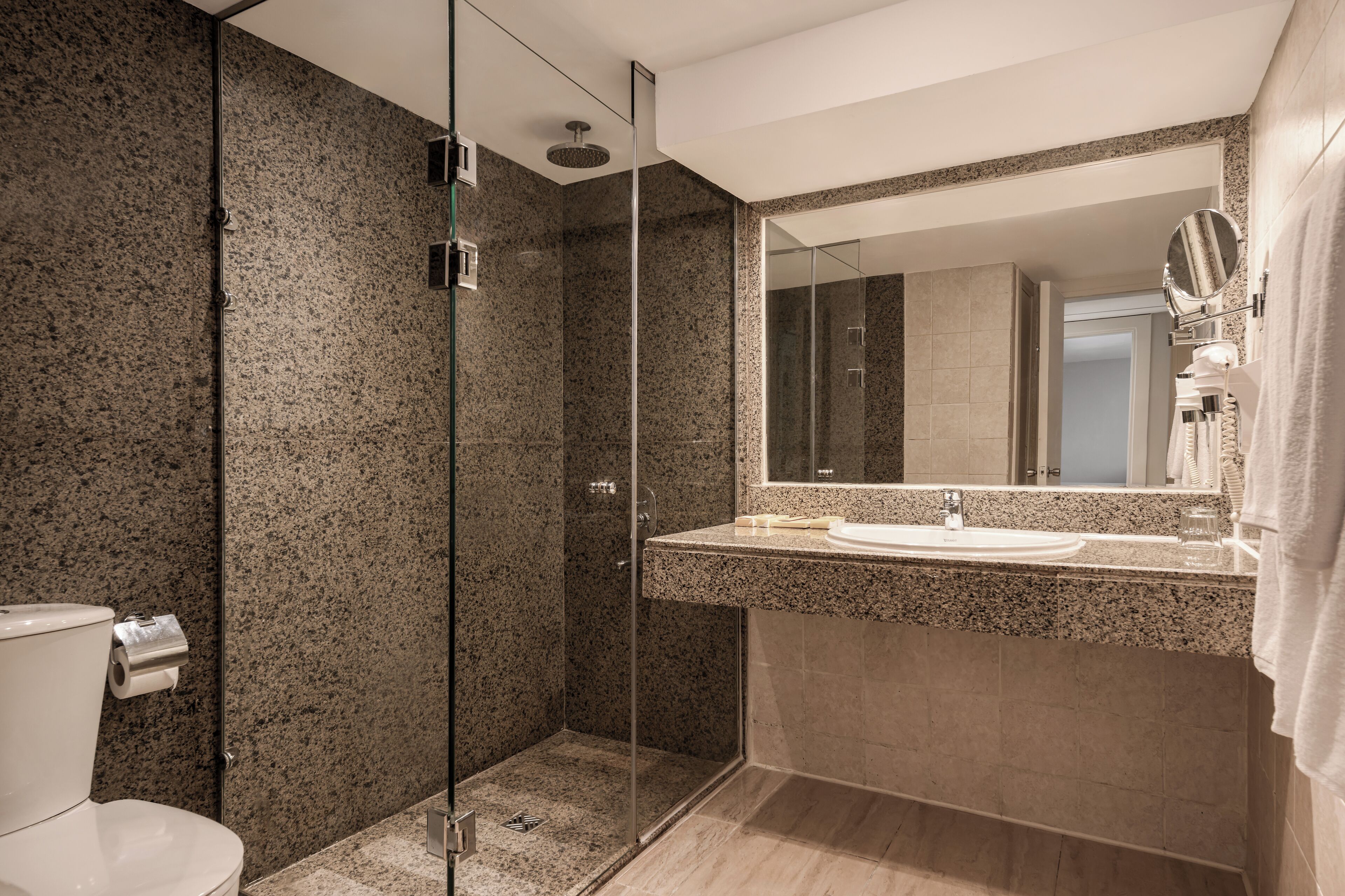 A modern bathroom with a glass-enclosed shower, a granite countertop sink, and a large mirror.