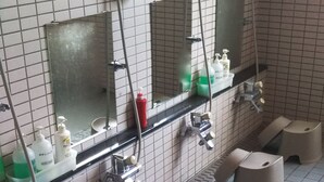 Een openbaar toilet met meerdere wasbakken, spiegels en toiletpapierautomaten.