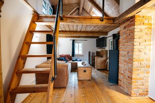 Romantic House, 1 Queen Bed, Fireplace, Mountain View | Living area | Flat-screen TV, heated floors