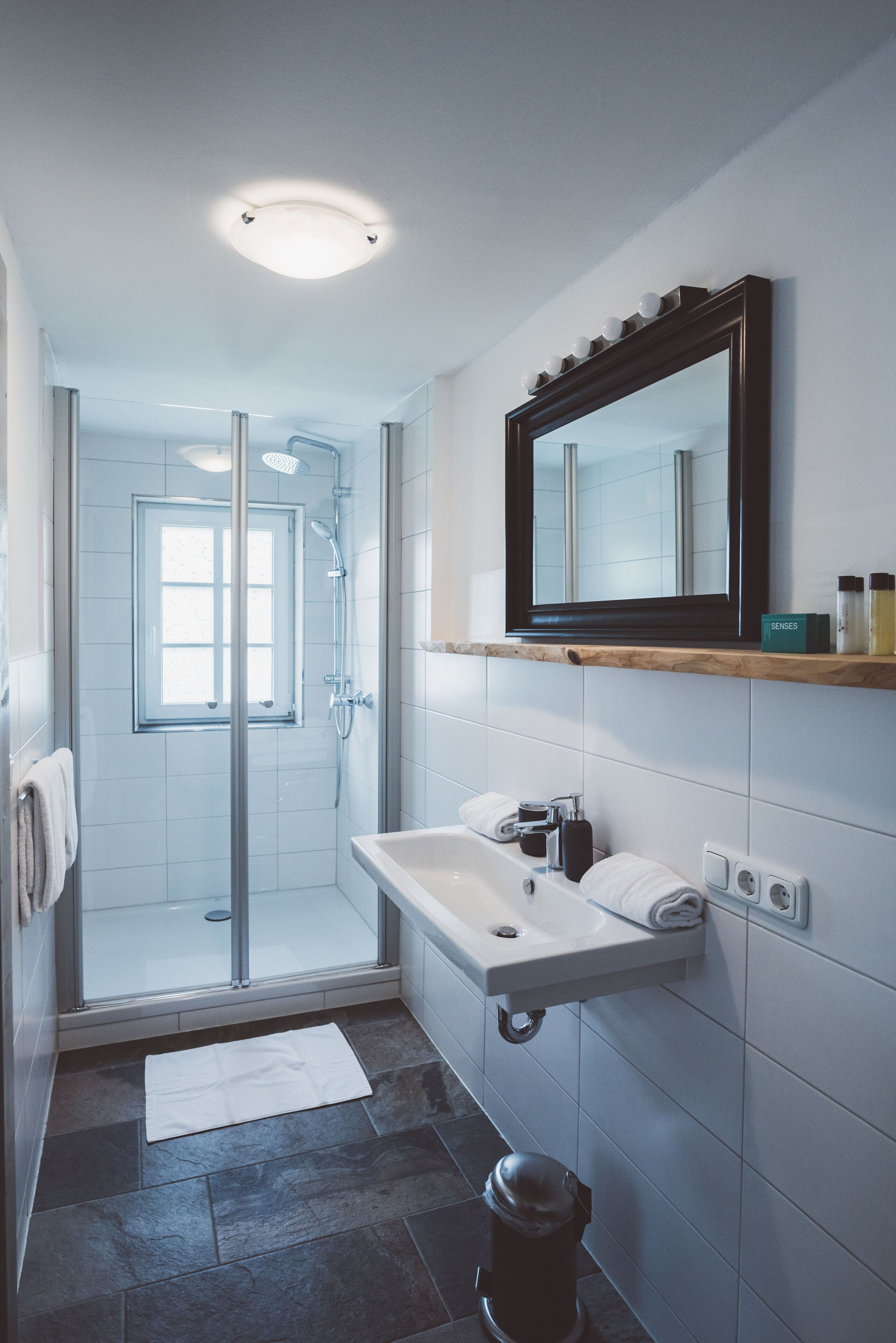 A modern bathroom with a glass-enclosed shower, a white sink, and a mirror above it.
