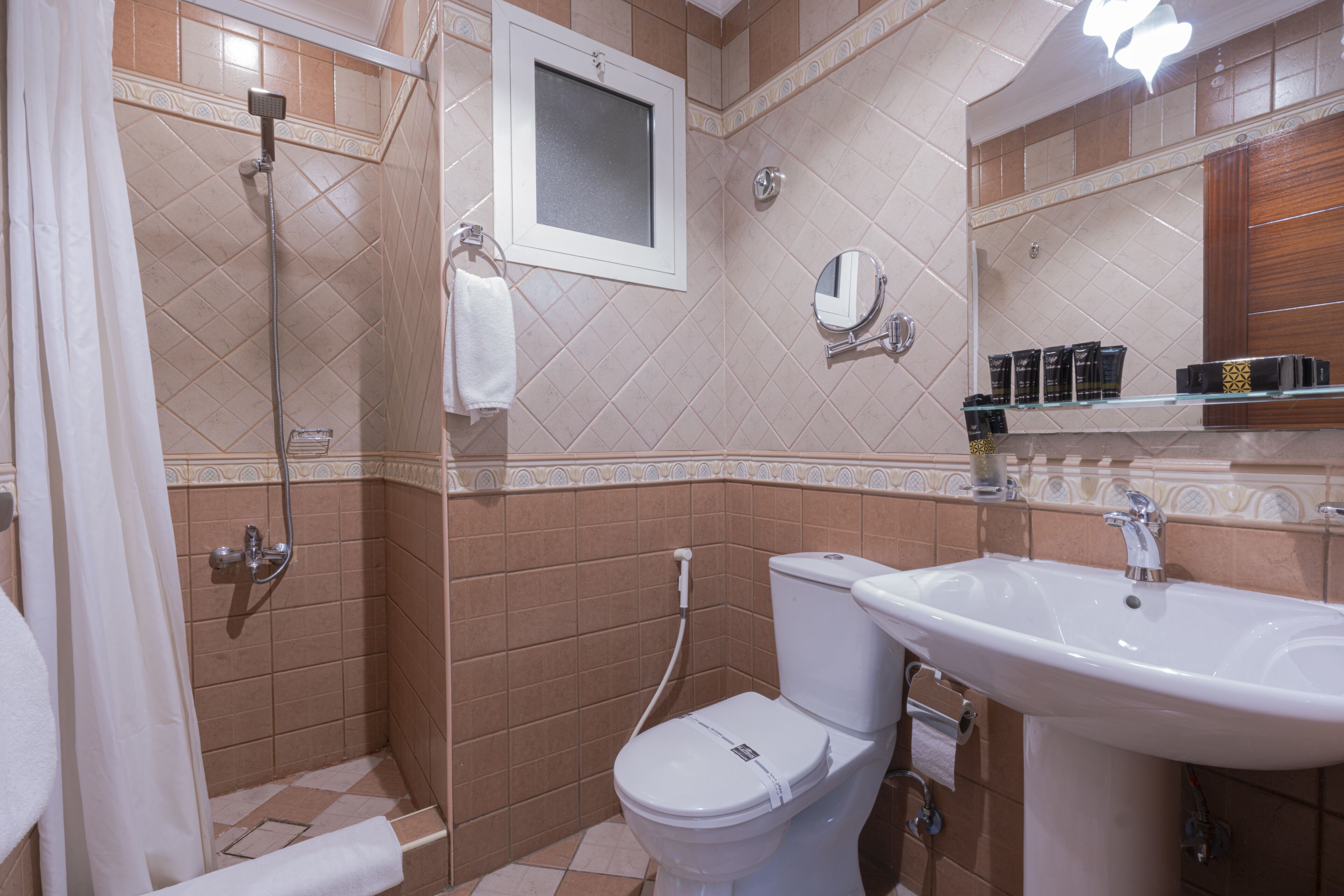 A bathroom with a shower, toilet, sink, and mirror.