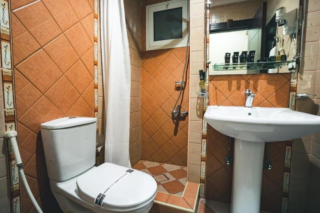 Une salle de bain avec des toilettes, une douche et un lavabo.