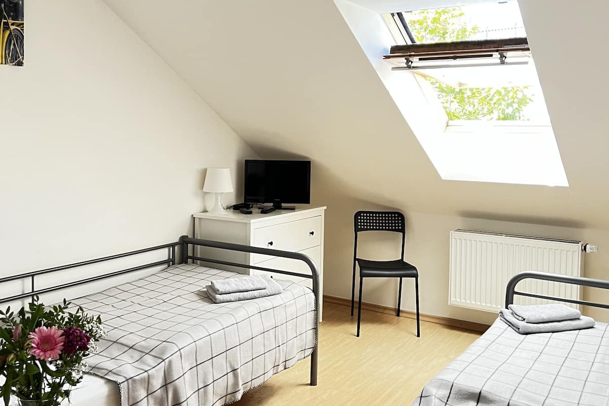 A bedroom with two beds, a desk, a chair, a radiator, and a skylight.