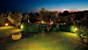 A nighttime outdoor area with a pool, surrounded by trees and illuminated by ambient lighting. - Cerchio Verde (Pitigliano)