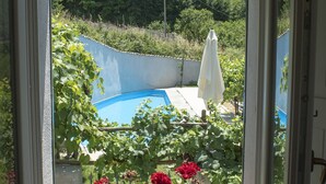 A view from a window of a swimming pool, a white umbrella, and a planter with red flowers. - Il Casino di Donna Maria (Mormanno)