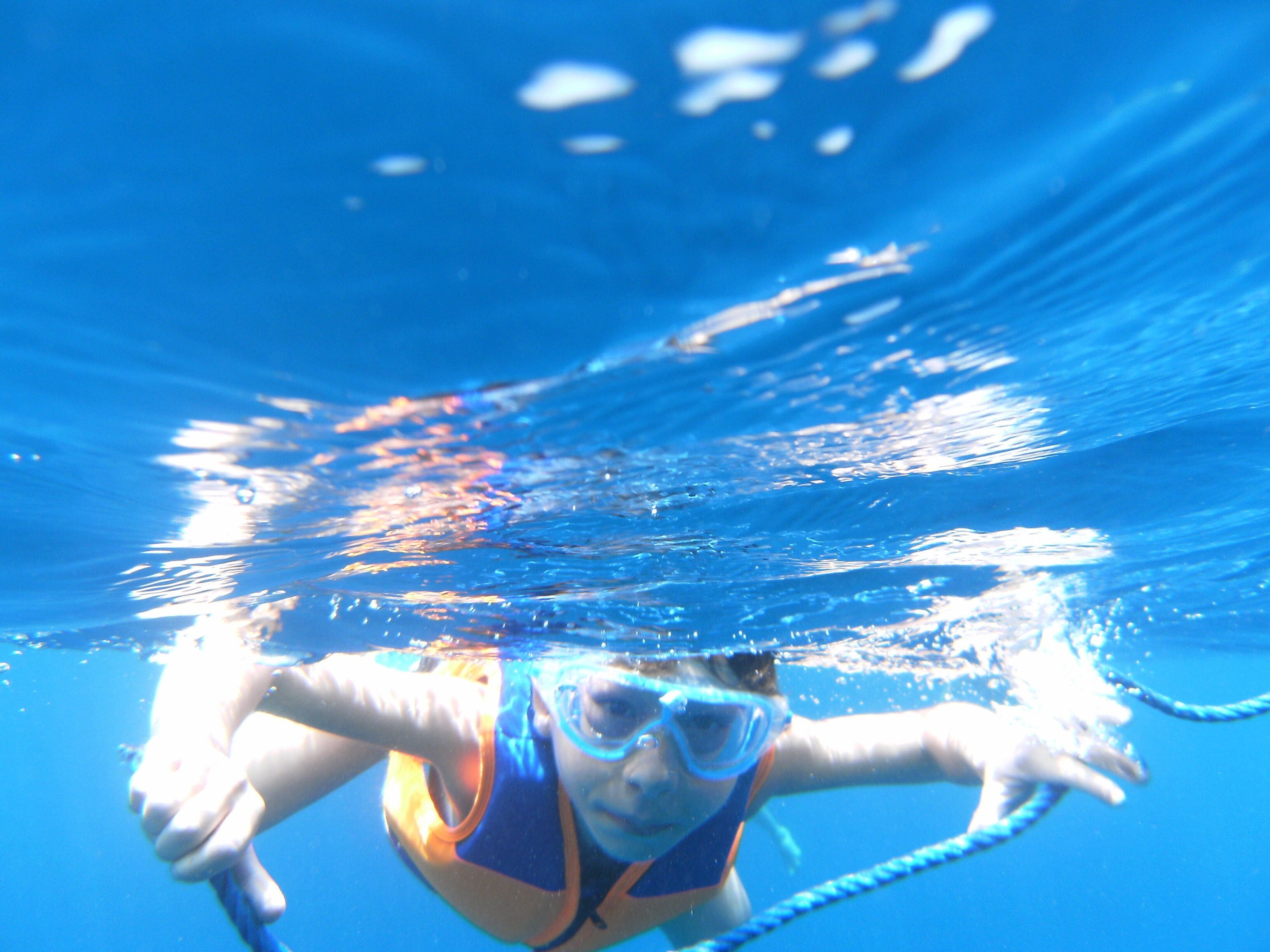 An underwater view of a swimmer in a pool.