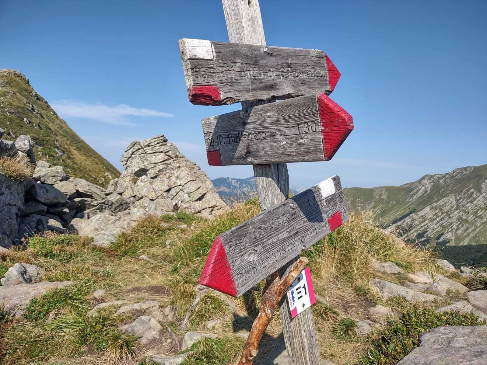 Un panneau indicateur en bois, orné de nombreuses flèches directionnelles, se dressant sur un fond de paysage montagneux.