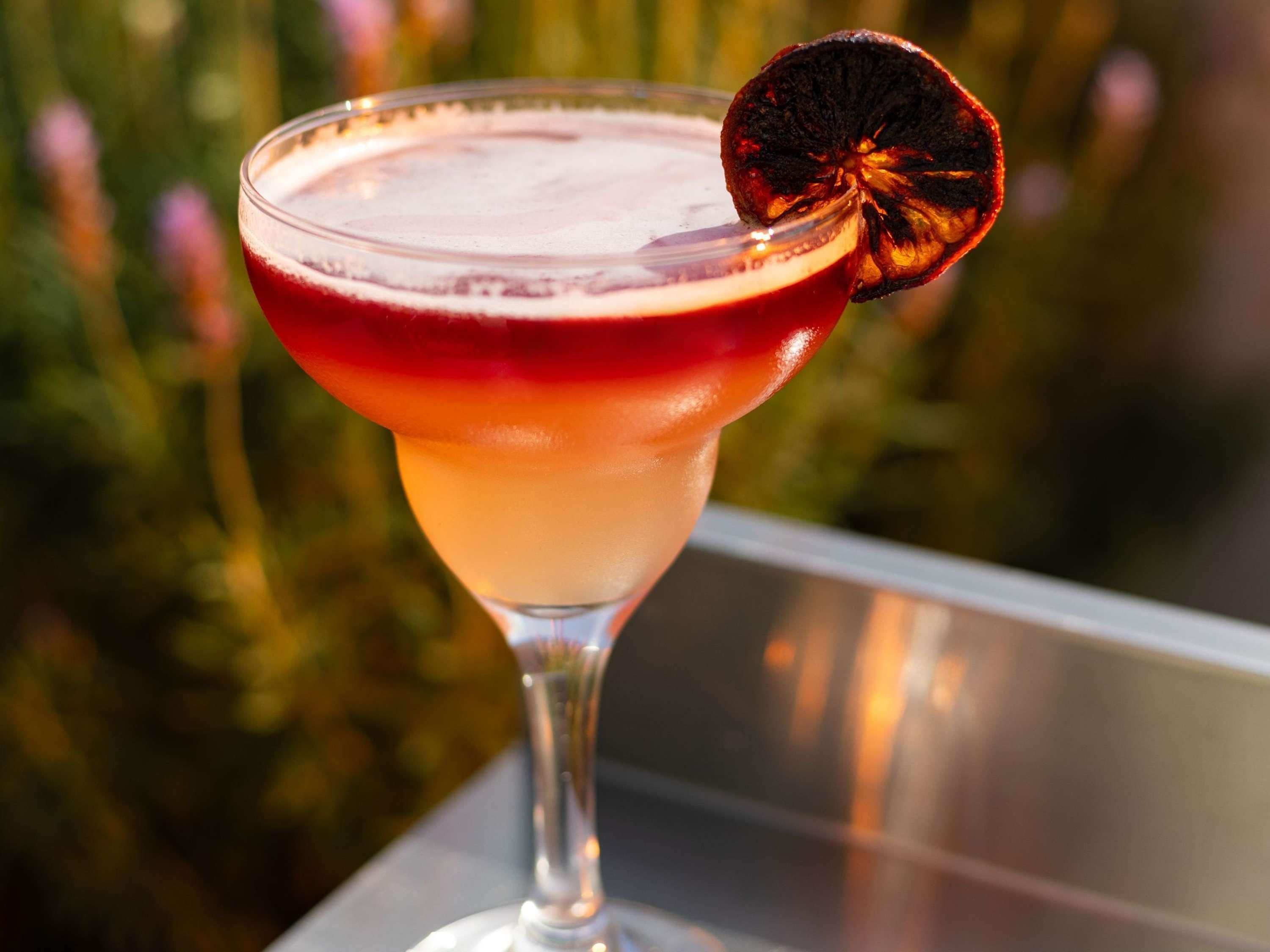 Een cocktail in een martini glas, met een rode rand en een gedroogde sinaasappelschijf als garnering.