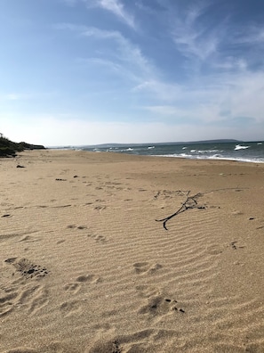 Di pantai, pasir putih, dan handuk pantai
