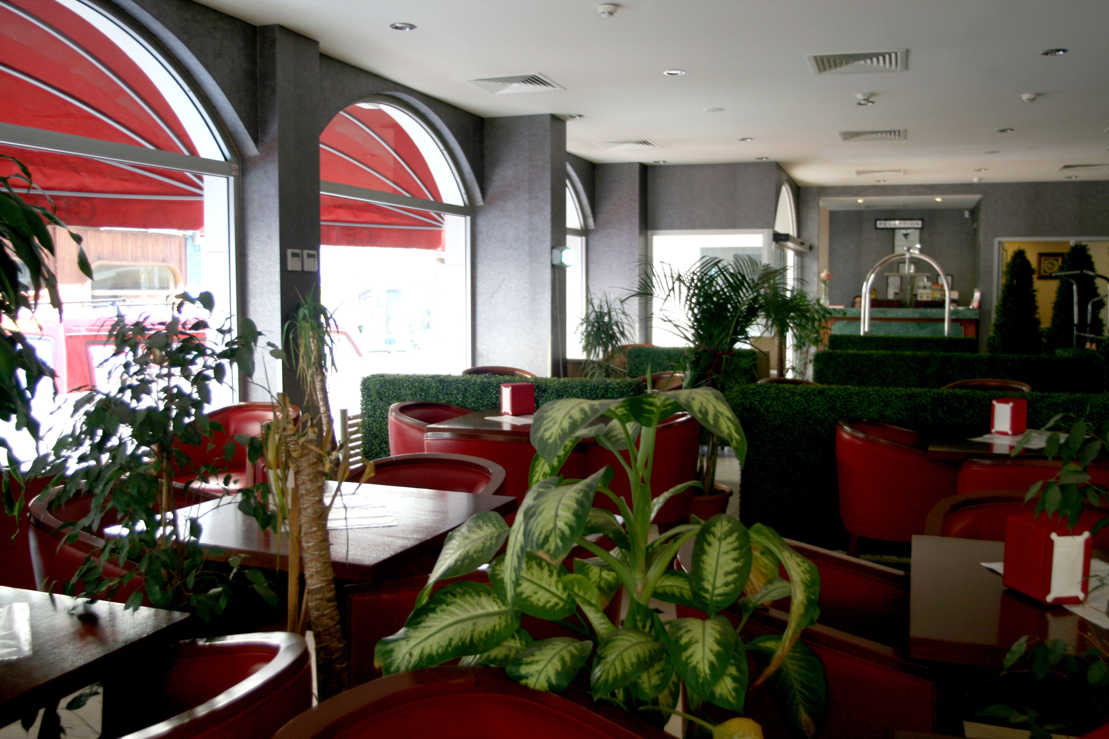 A restaurant with red chairs, tables, and large windows. There are potted plants and a counter in the background.