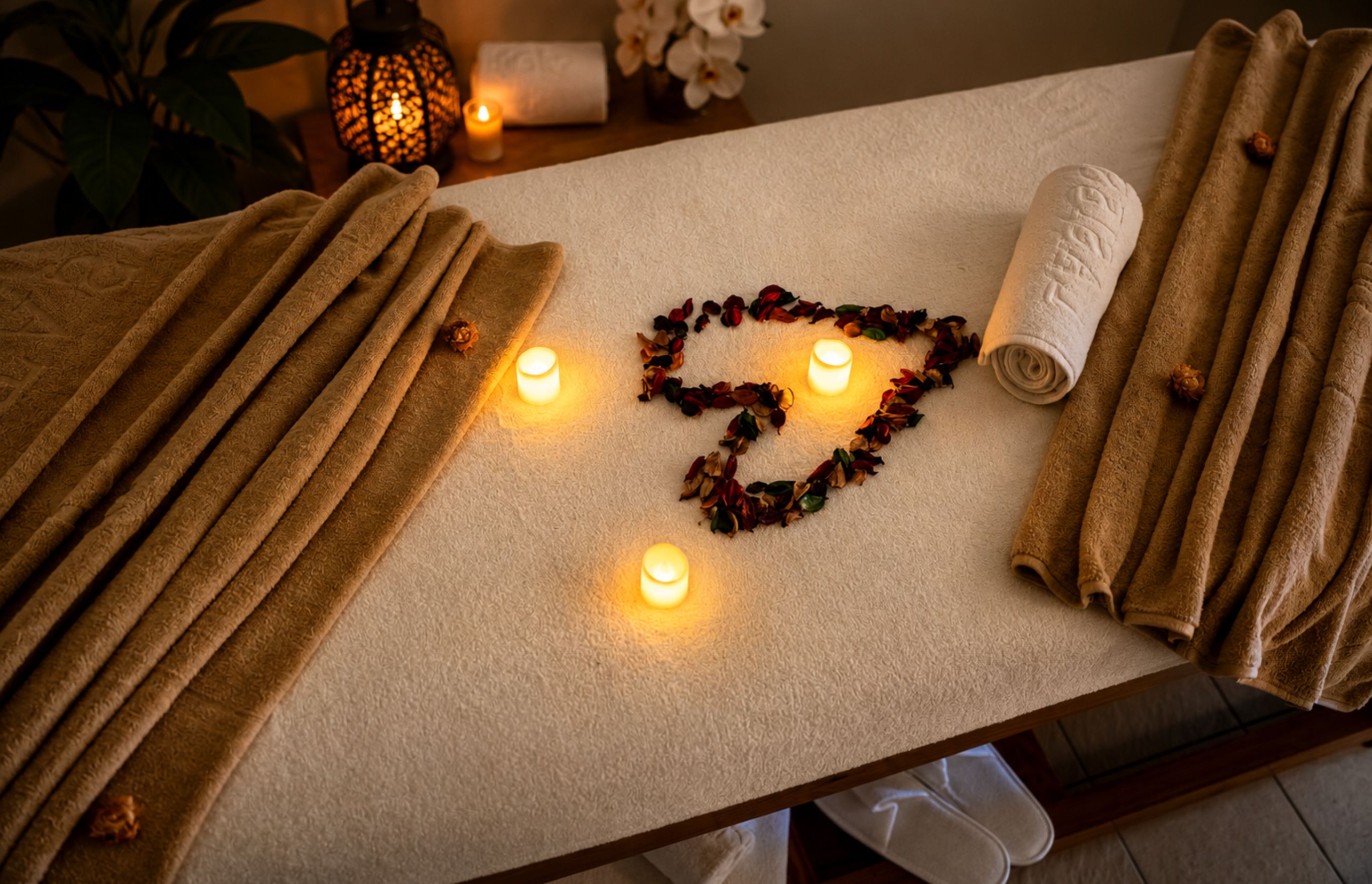 A spa-like setting with towels, candles, and dried flowers arranged on a table.