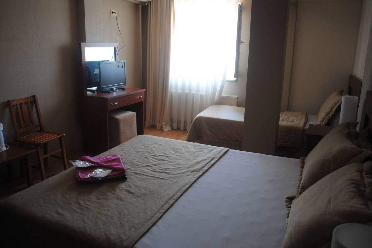 A hotel room with a bed, a desk with a television, a chair, and a window with curtains.