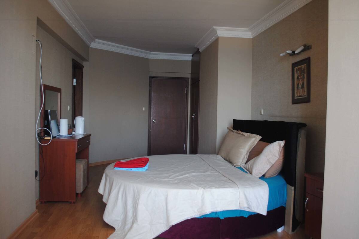A bedroom with a bed, a desk, and a door.