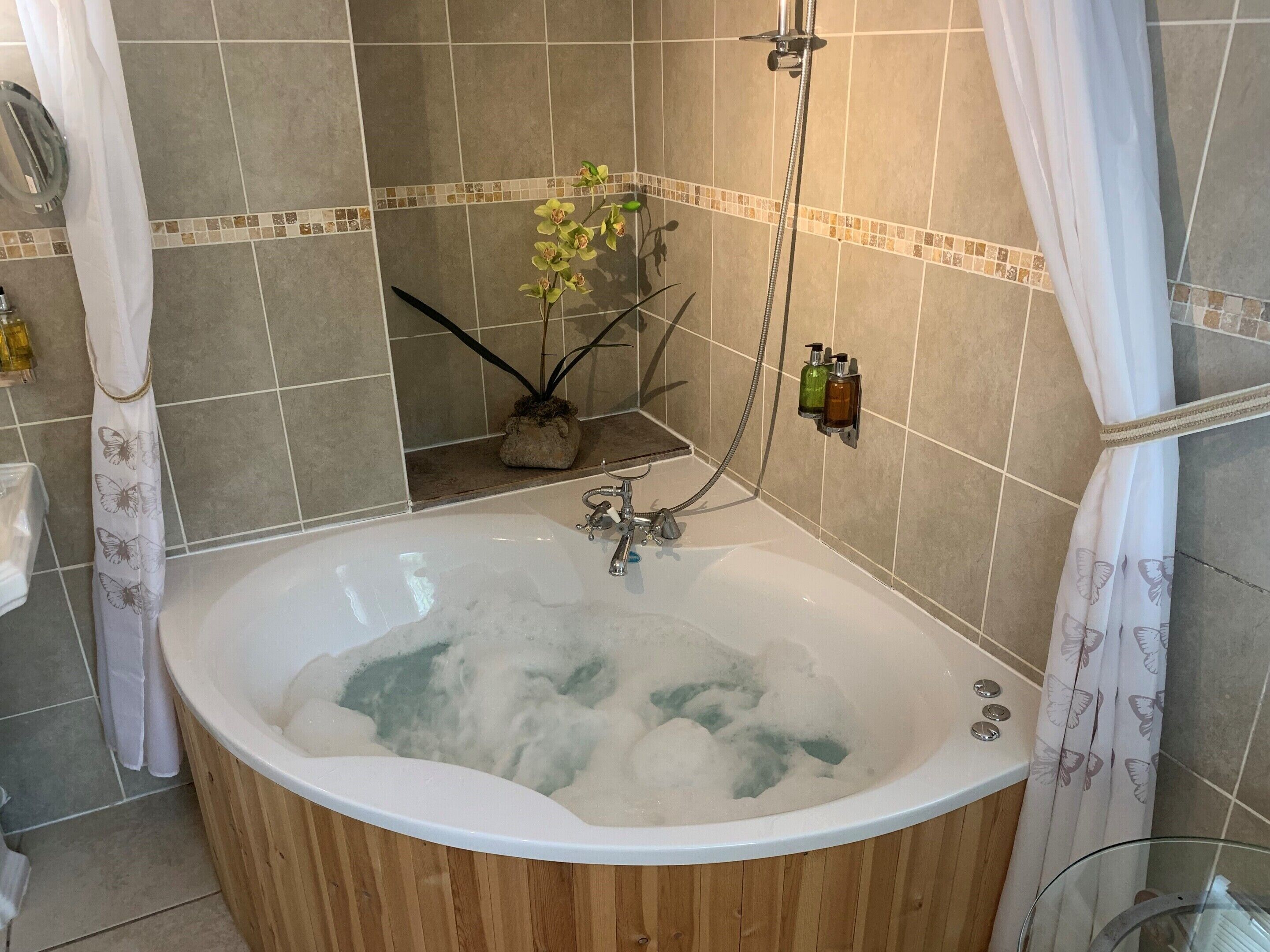 A bathroom with a freestanding bathtub filled with bubbles, a showerhead, and a small plant on the wall.