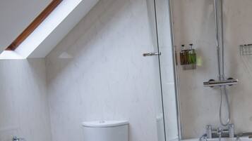 A modern bathroom with a skylight, a toilet, a shower, and a sink.