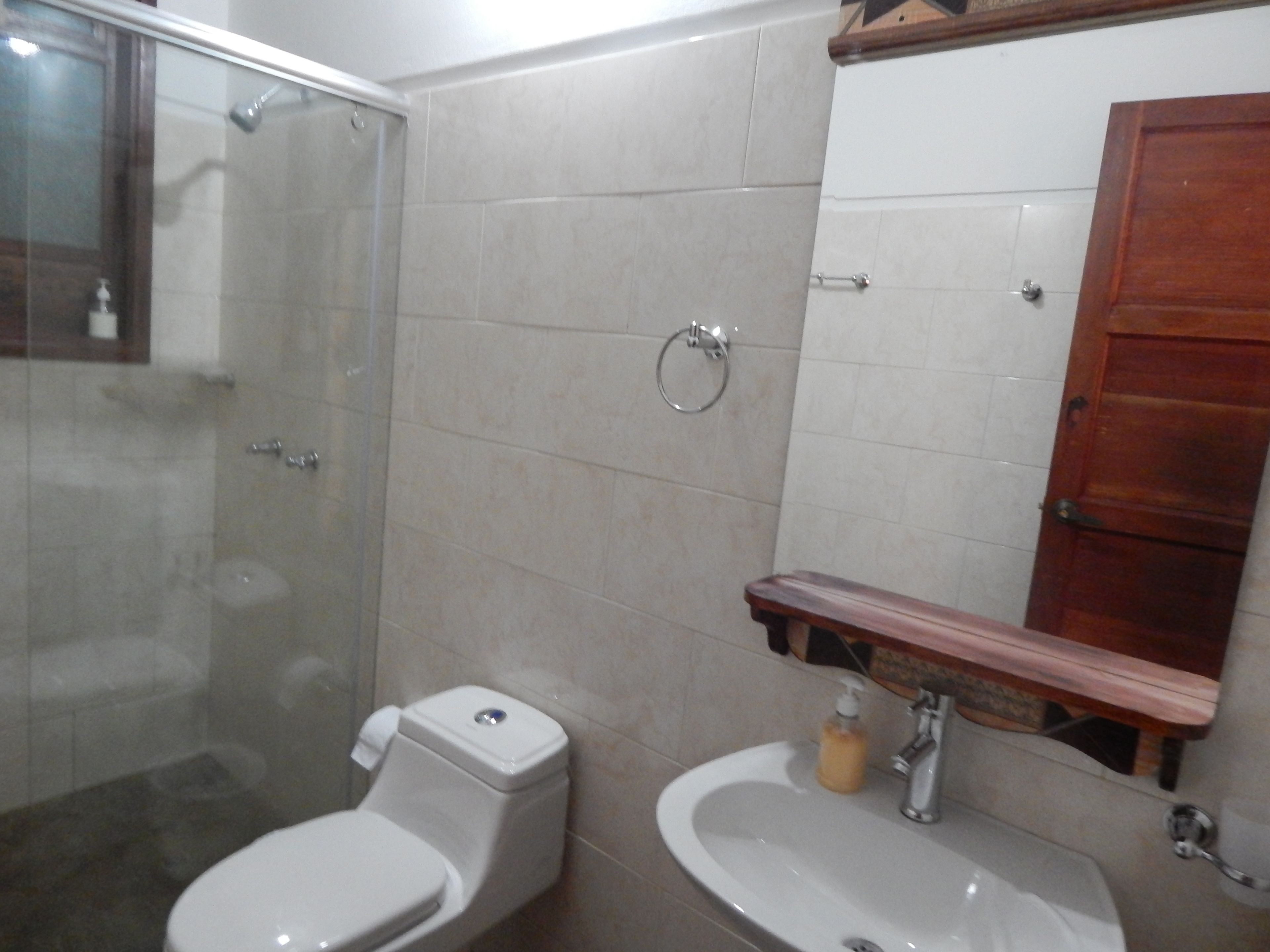 Een badkamer met douche, toilet, wastafel en een houten opbergmeubel.