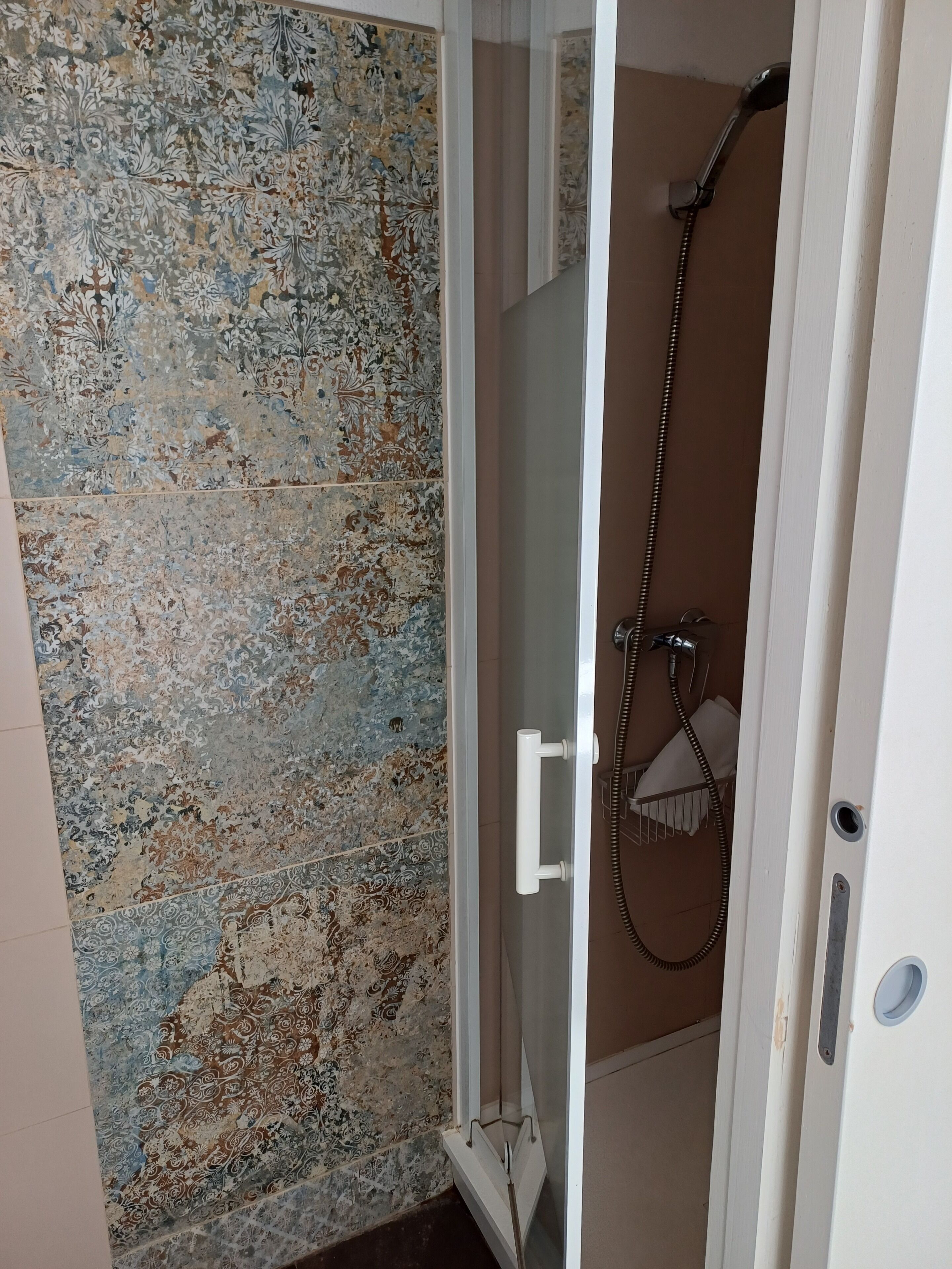 Un baño con ducha, mampara de vidrio y pared de azulejos estampados.
