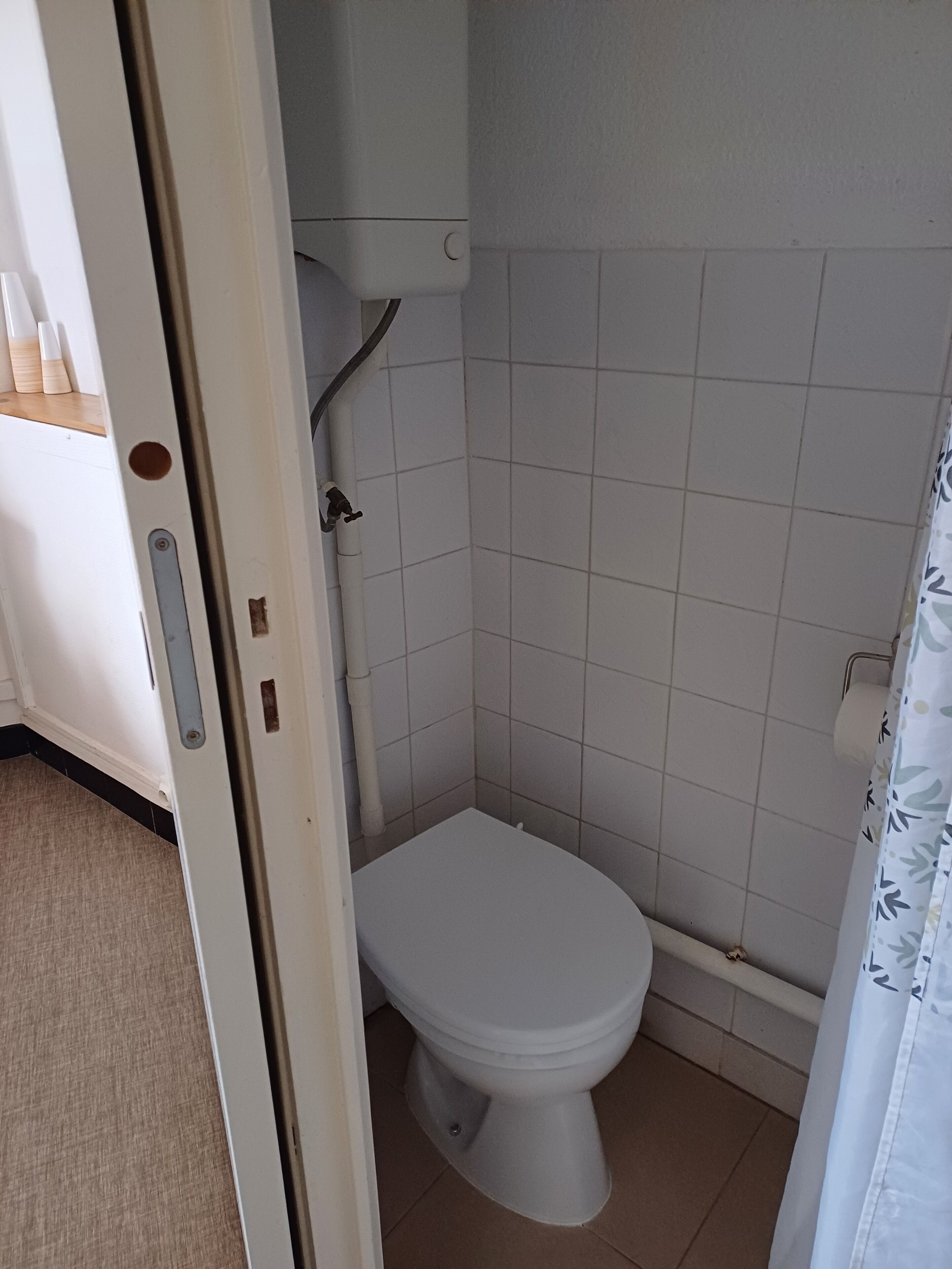 A small bathroom with a toilet, a shower area, and a toilet paper holder.