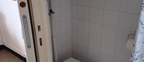 A small bathroom with a toilet, a shower area, and a toilet paper holder.