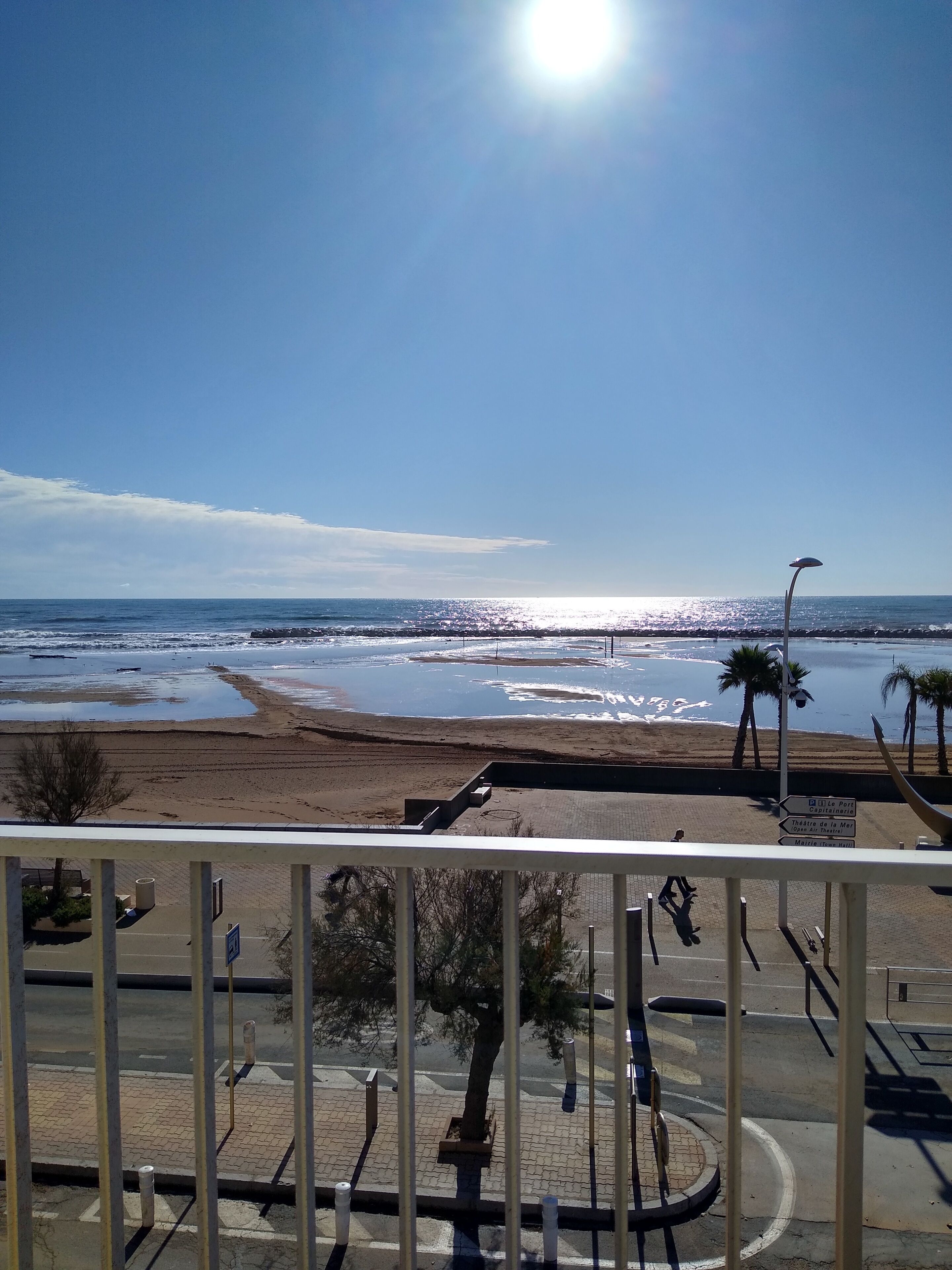 Vista costera con playa, palmeras y cielo despejado.