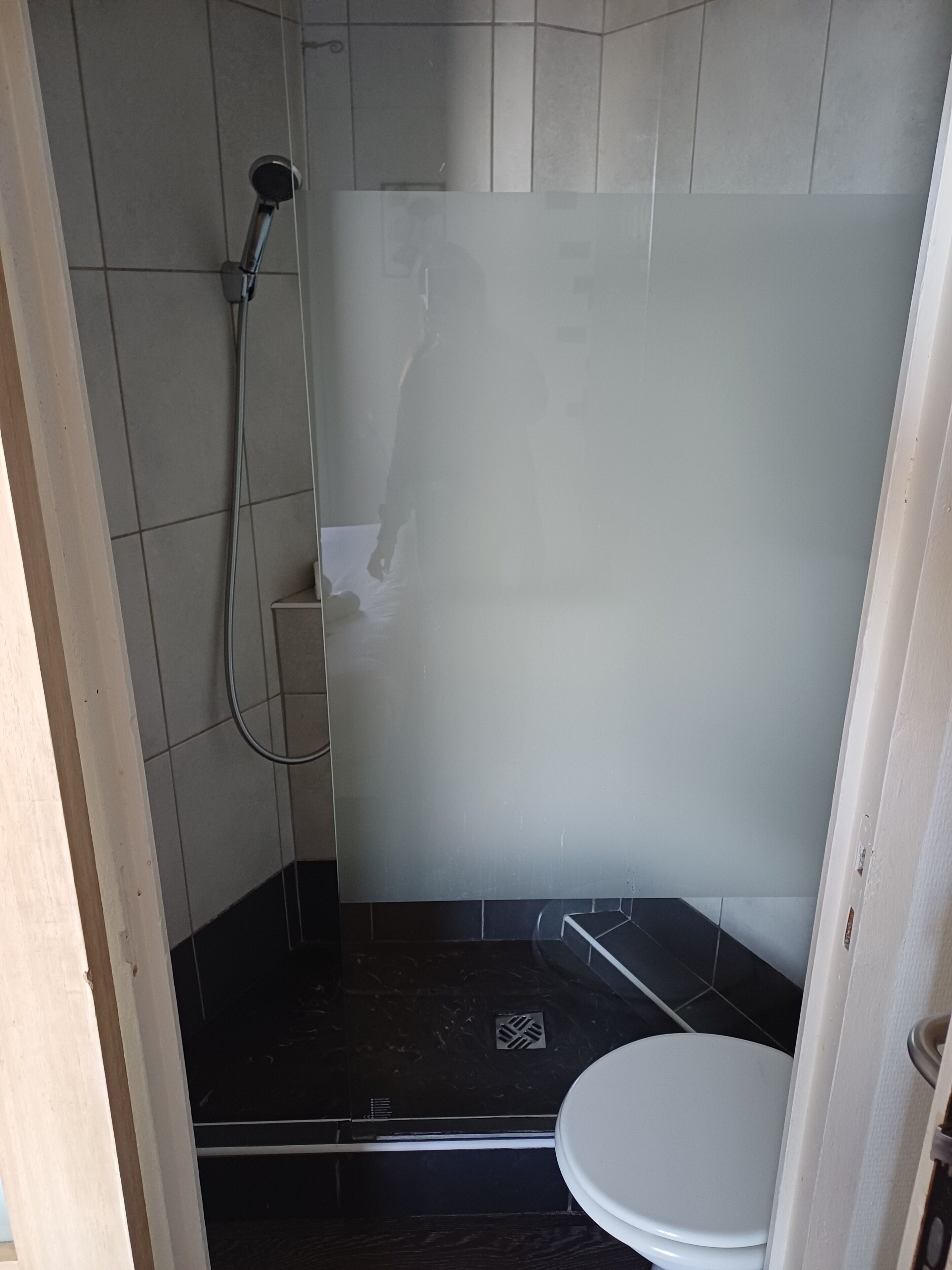Une salle de bain avec douche, toilettes et carrelage au sol.