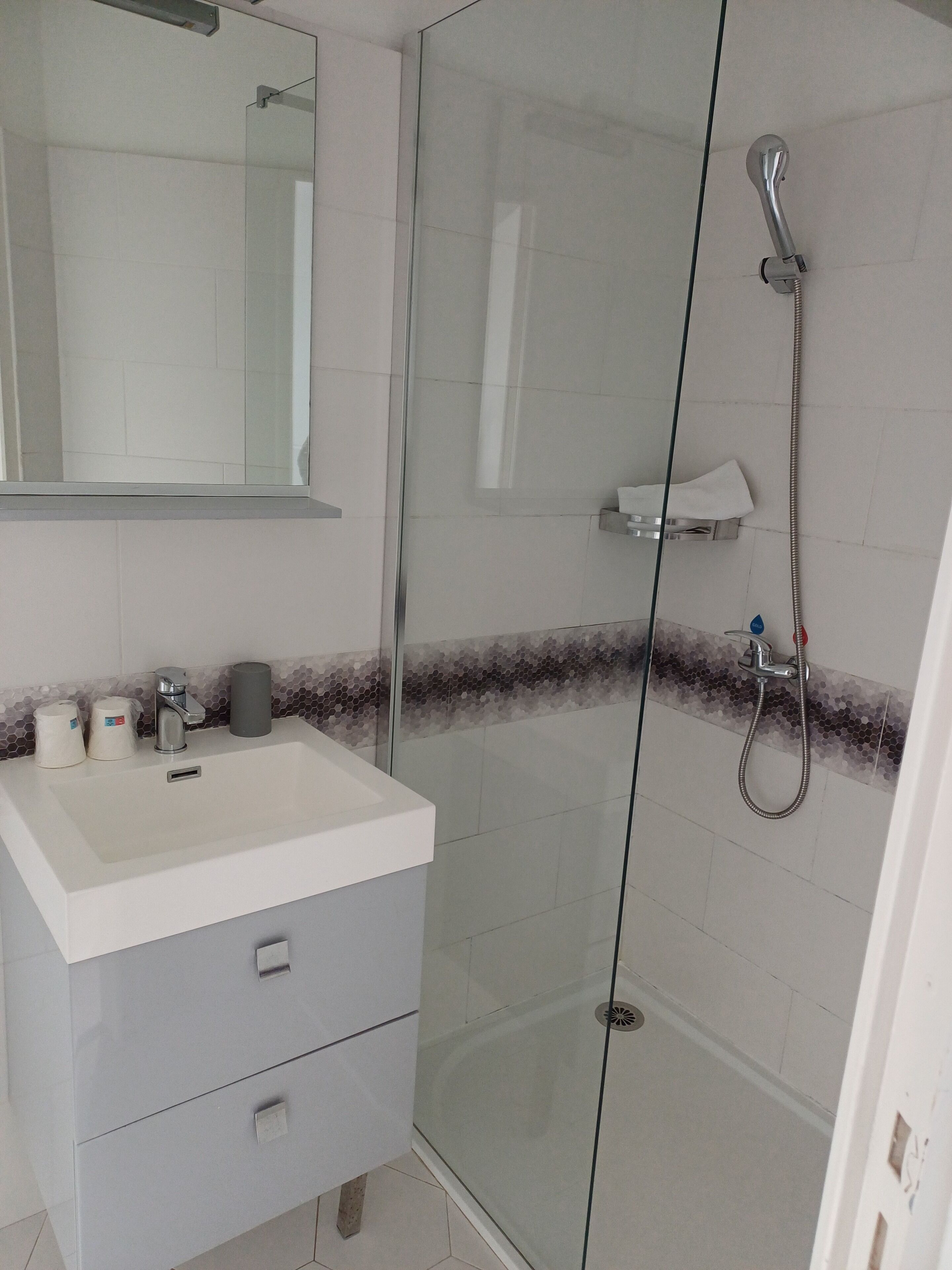 Une salle de bain avec une douche à parois de verre, un lavabo blanc avec un miroir au-dessus, et un sol carrelé.