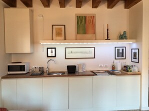 Fridge, microwave, stovetop, coffee/tea maker