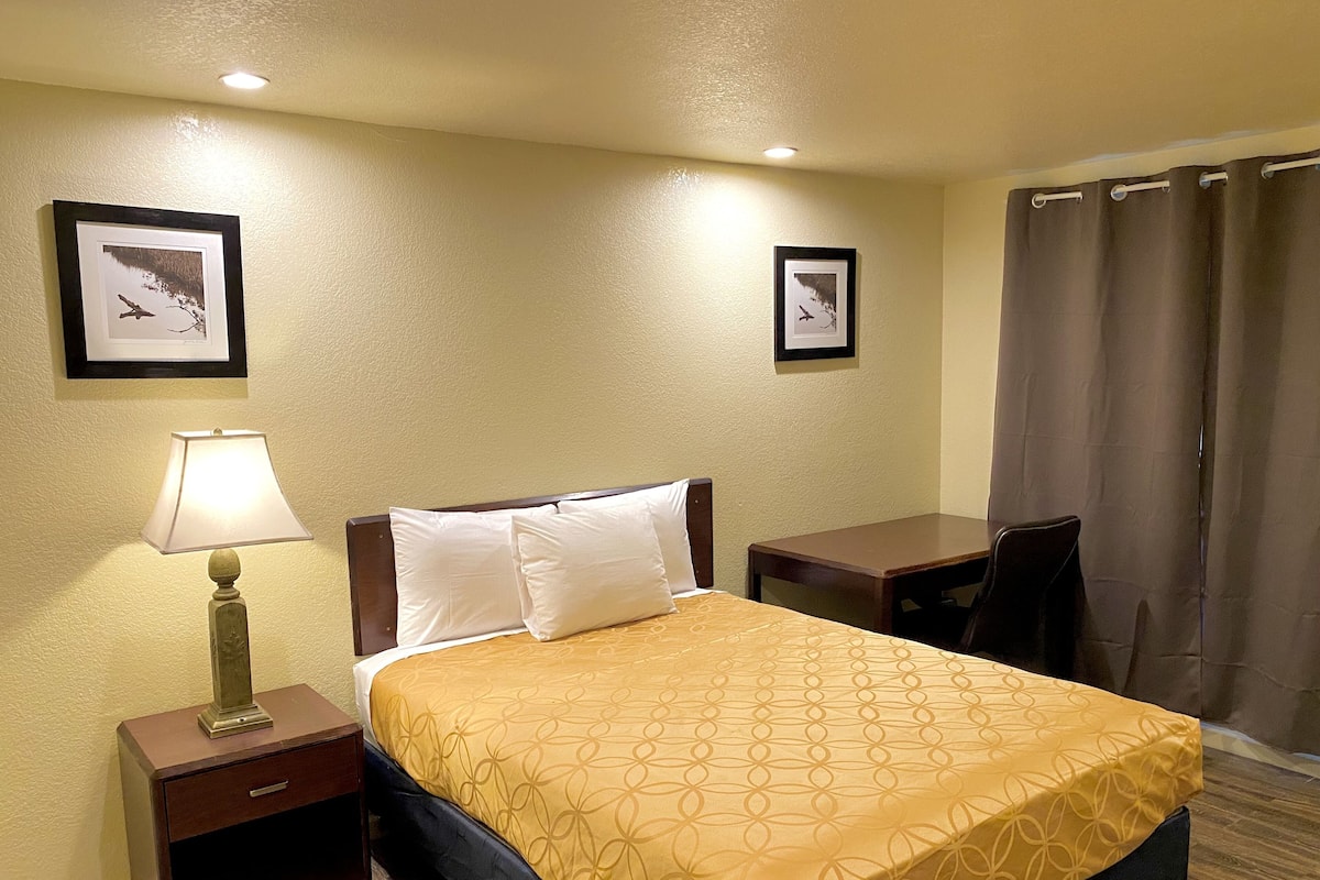 Una habitación de hotel con una cama, mesita de noche, lámpara, cuadros en la pared y un escritorio con silla.