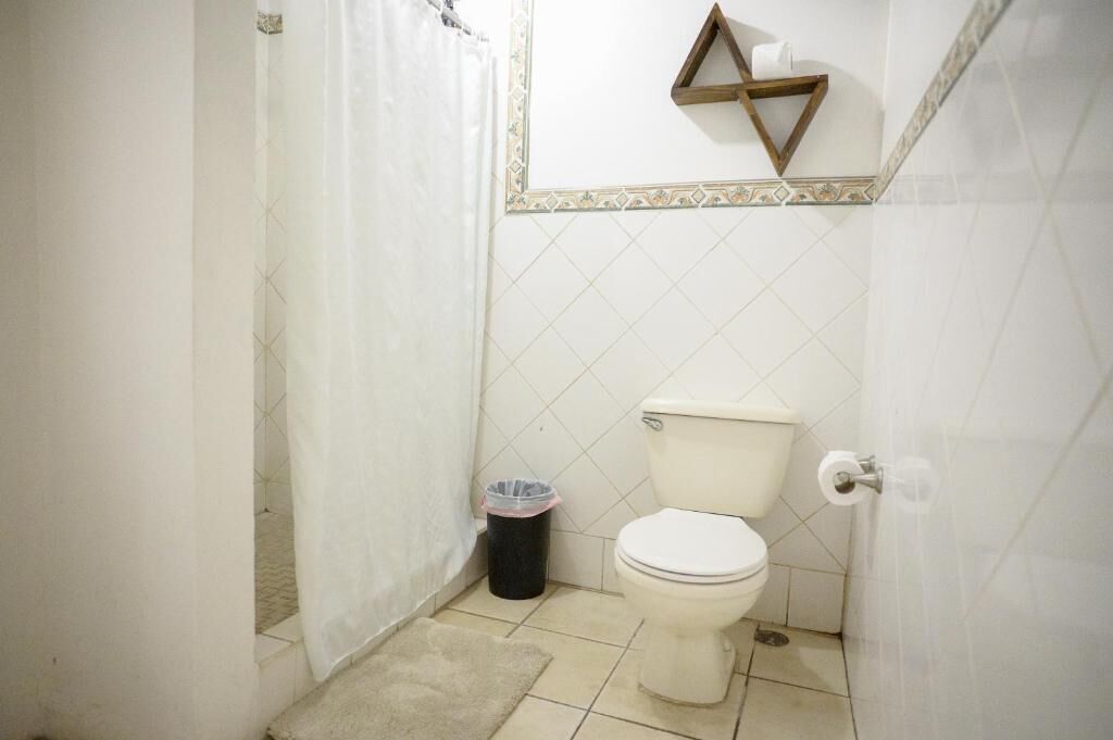 Un baño pequeño con inodoro, un cesto de basura y cortina de ducha.