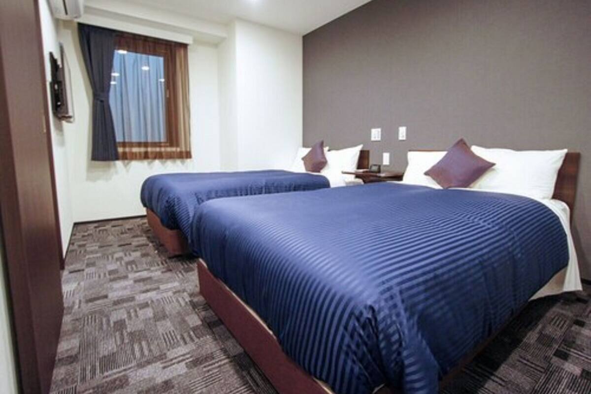 Habitación de hotel con dos camas, una ventana con cortinas, un televisor de pantalla plana y piso alfombrado.