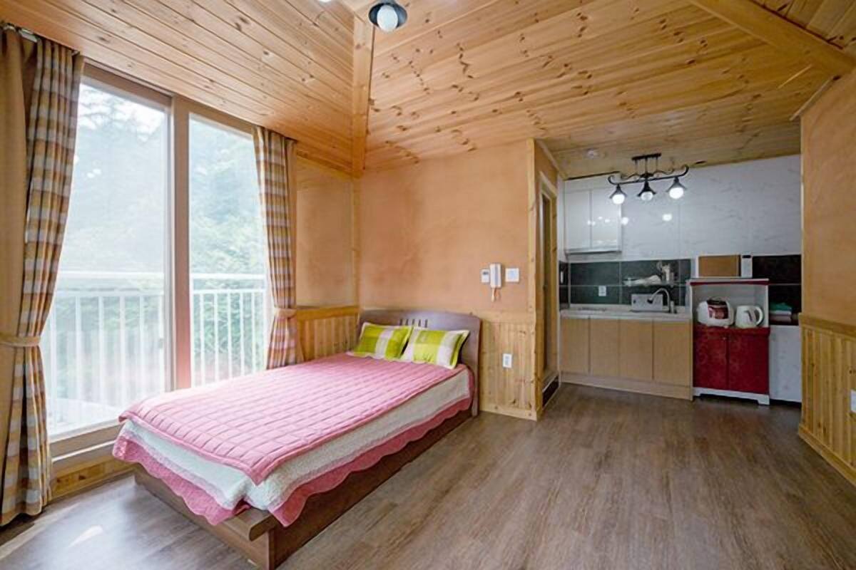 A bedroom with a bed, a window, and a kitchenette.