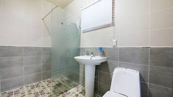 Ducha, secador de pelo, toallas, jabón