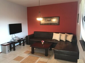 Smart TV, fireplace, DVD player, stereo