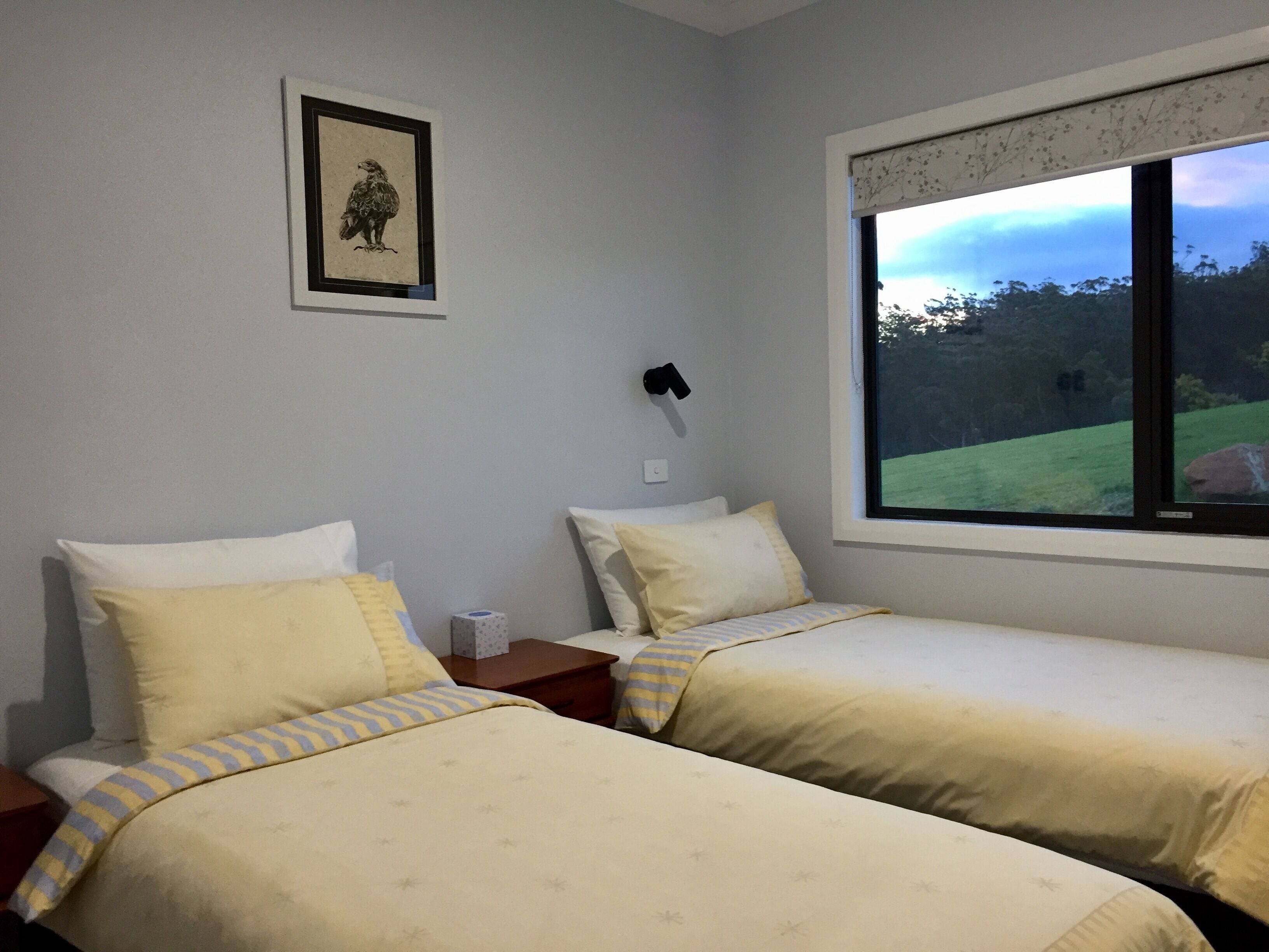 Un dormitorio con dos camas, un cuadro en la pared y una ventana con vistas a zonas verdes.