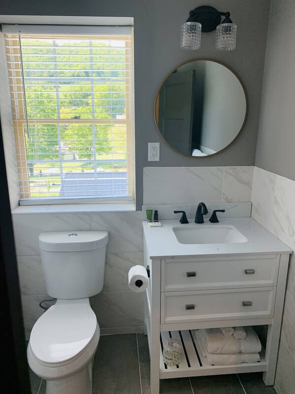 A bathroom with a toilet, sink, mirror, and window. - The Inn At Warm Springs (Warm Springs)