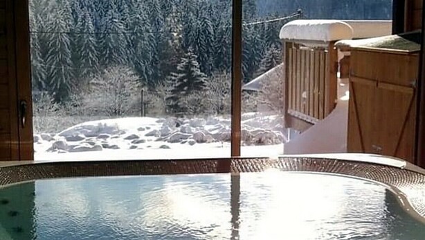 Vasca idromassaggio con vista su una foresta innevata e montagne.