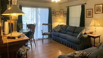 TV connectée, cheminée, lecteur de DVD, livres