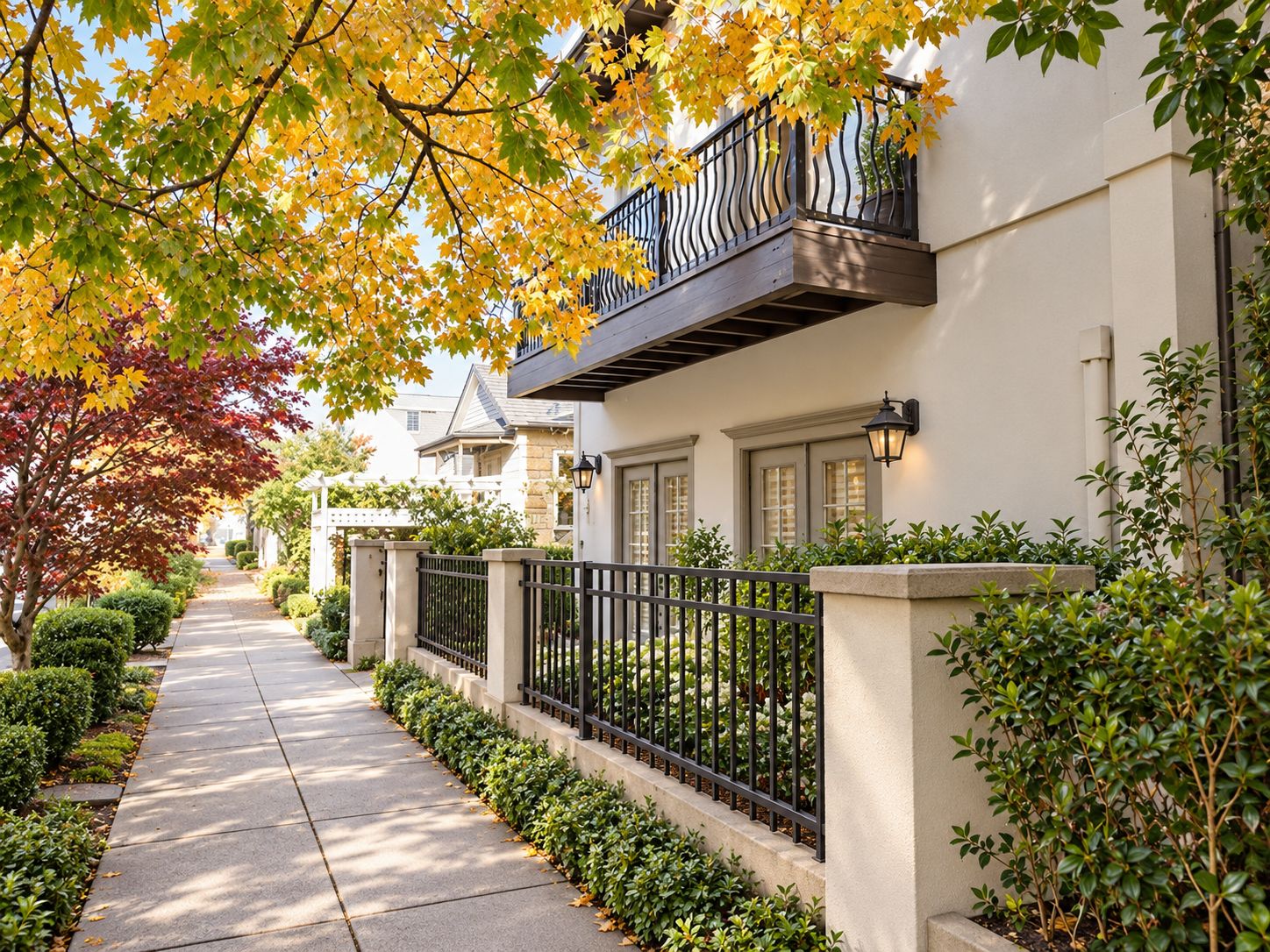 A residential street with a sidewalk, a black metal fence, and houses with balconies.