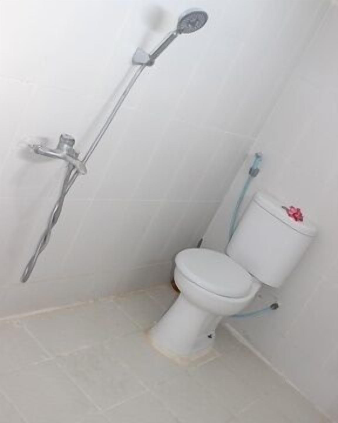 A bathroom with a toilet and a shower.