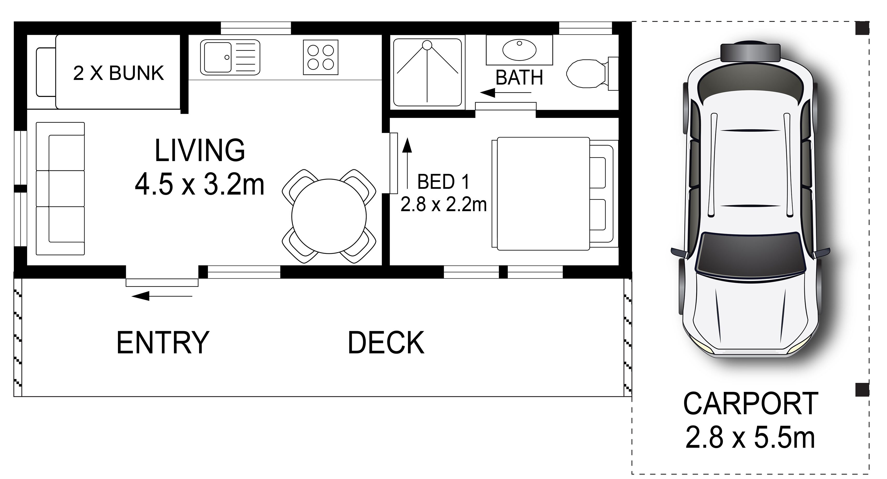 A floor plan of a compact apartment with a living room, two bedrooms, a kitchen, and a carport.