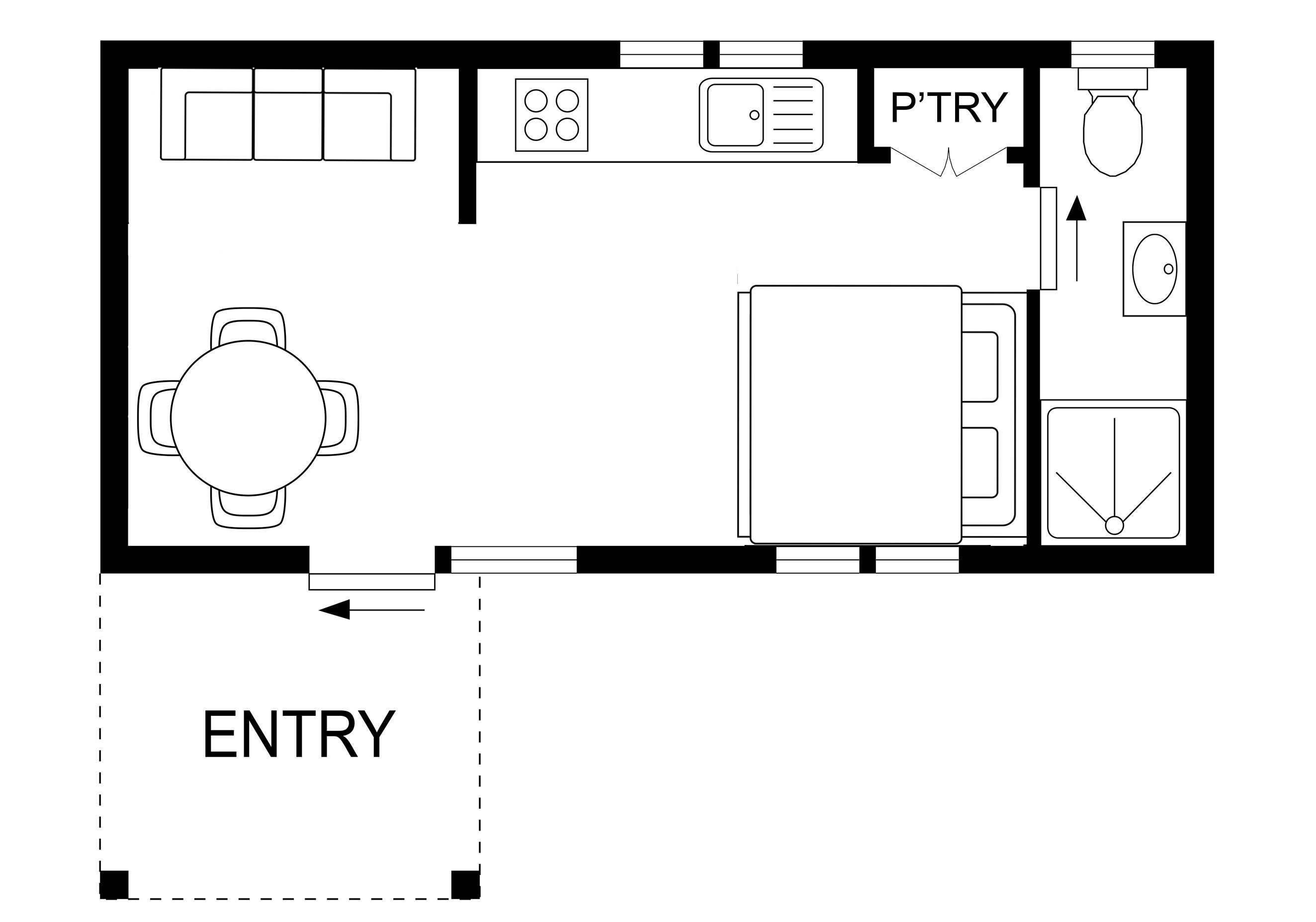 A floor plan of a hotel room with a bed, a desk, a chair, a small table, a wardrobe, and a bathroom.