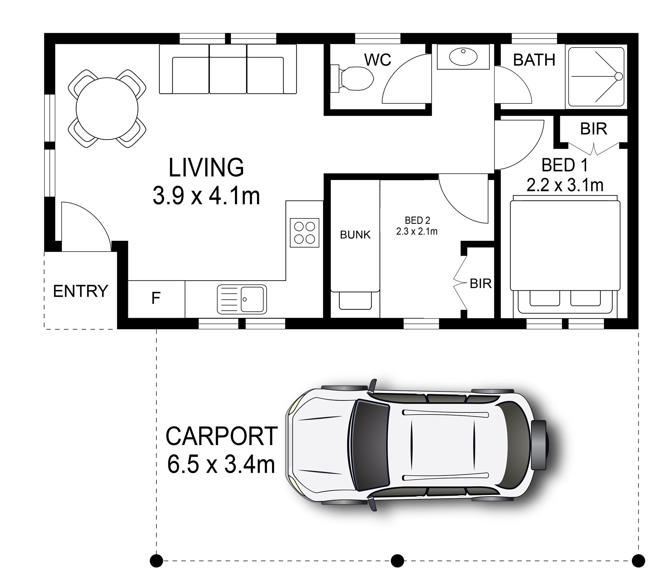 Een plattegrond van een woonruimte van 3,9 bij 4,1 meter, met een eethoek, keuken, toilet, BAD, twee BEDDEN, een stapelbed en een INgang.
