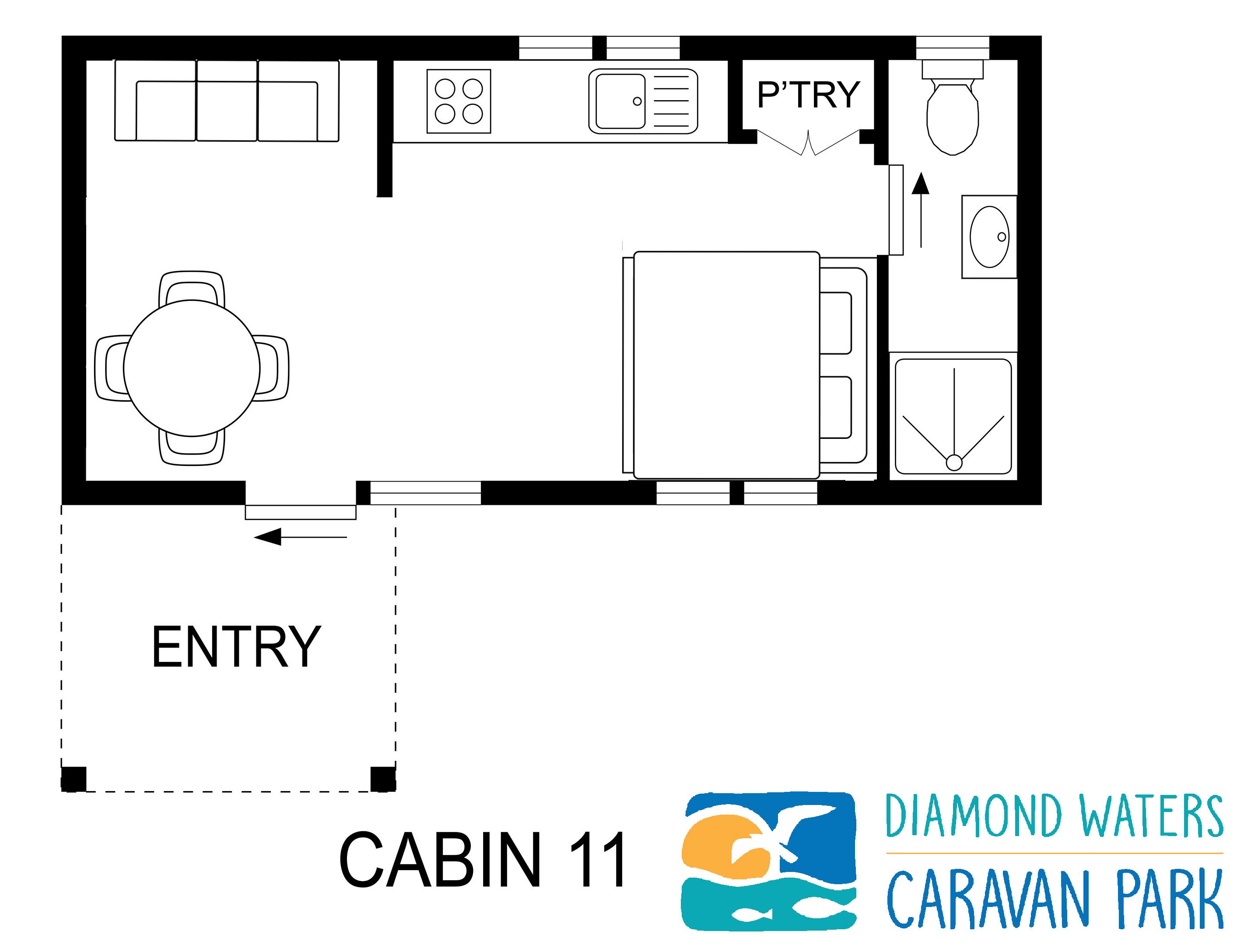 Plano de distribución de la cabaña 11 en Diamond Waters Caravan Park, que incluye comedor, cocina, baño y acceso.