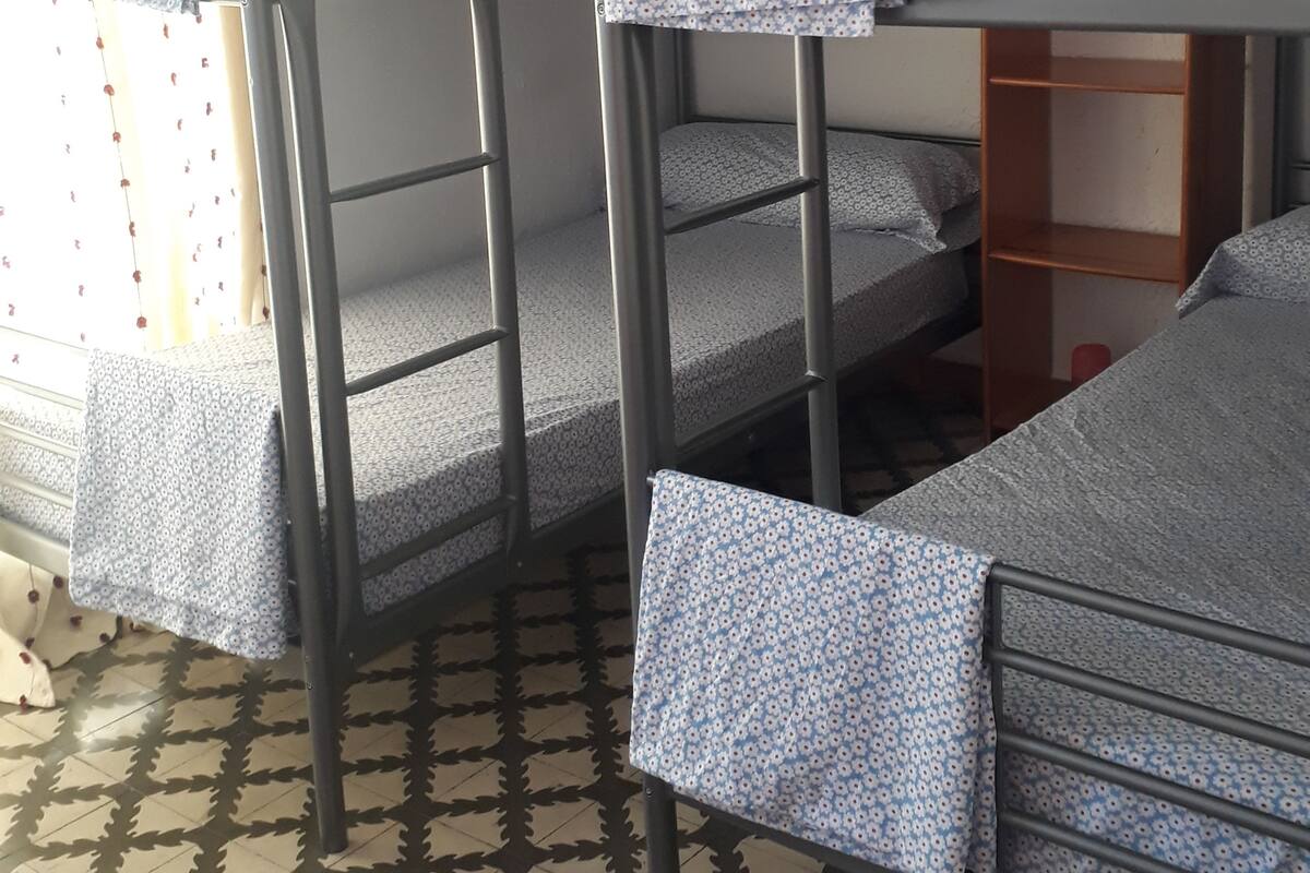 Bunk beds with floral-patterned sheets, a patterned rug, and a framed picture on the wall.