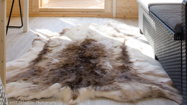 Un interior de madera acogedor con un gran ventanal que da a un balcón exterior, un sofá de mimbre y una alfombra de piel.