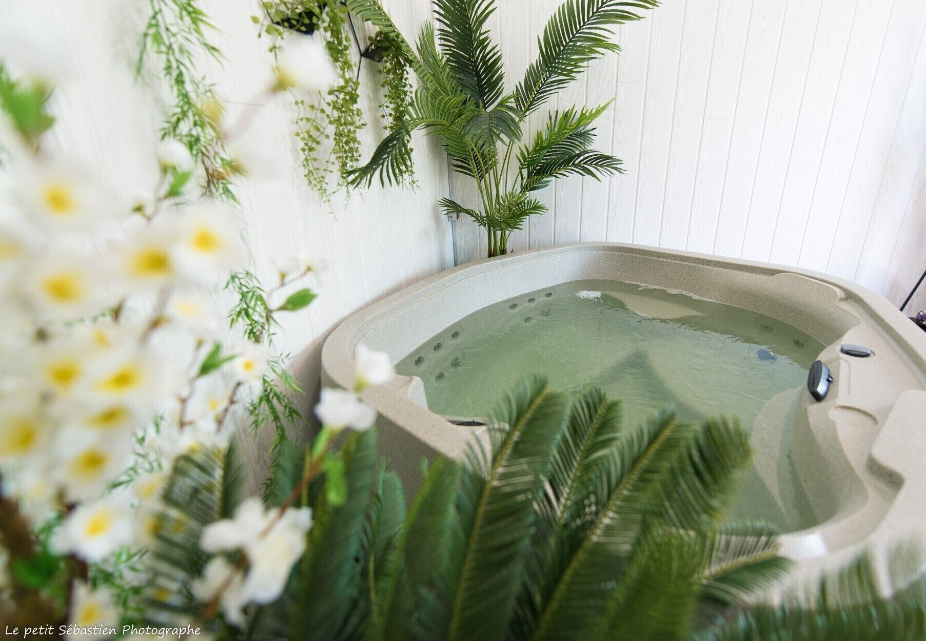 Una bañera de hidromasaje con agua, rodeada de follaje y flores blancas.