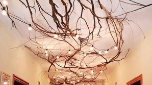 A hallway with a ceiling installation of intertwined branches and lights, flanked by wooden doors and framed pictures on the walls. - Alojamiento Rural Lago de Andalucía - Hostel (Iznajar)