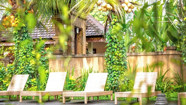 A pool area with lounge chairs and a building with a thatched roof in the background.