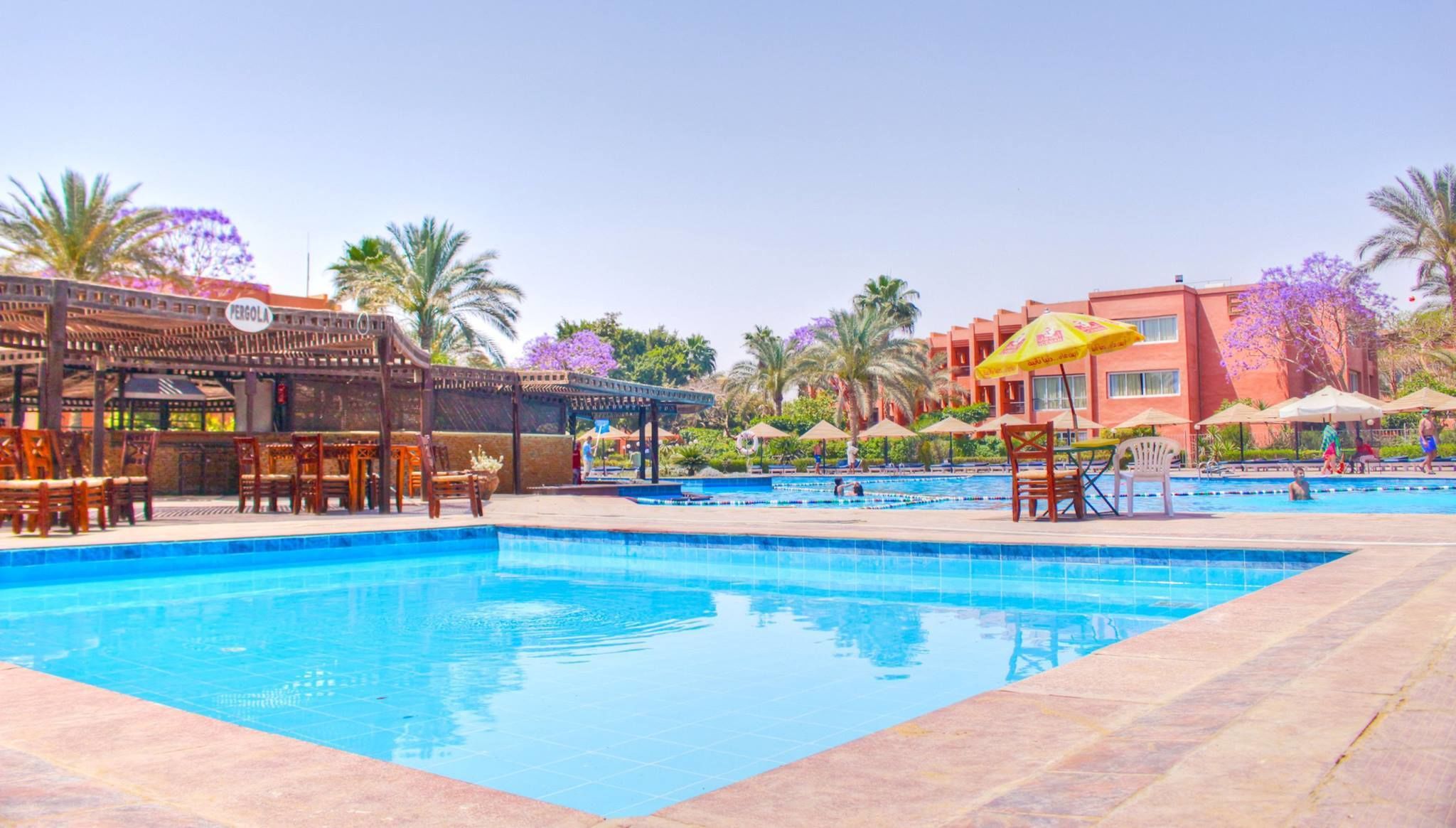 A swimming pool with lounge chairs and umbrellas, surrounded by palm trees and a building with a red facade.